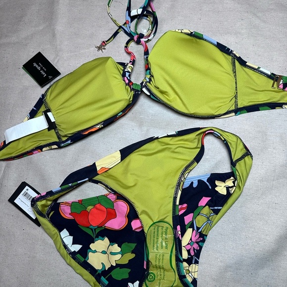 Kate Spade Navy and Green Floral Bikini Large Halter Top High Cut Bottom New - Picture 2 of 10